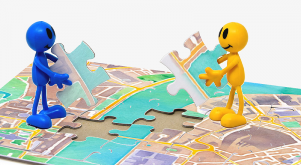 Construire et partager ; image par Benoît Fournier, d'après la carte Watercolor de Stamen avec les données OpenStreetMap, et d'après l'image de Alexas_Fotos