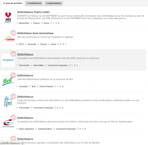 Liste de jeux de données sur les défibrillateurs sur data.gouv.fr