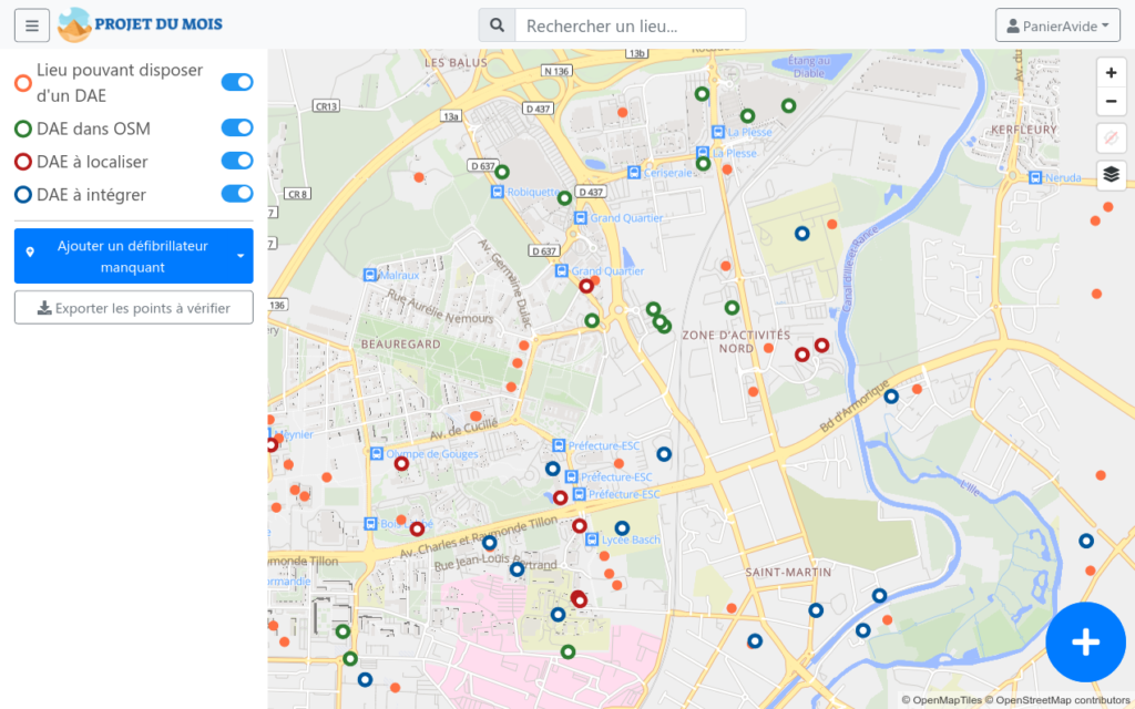 Le site projetdumois.fr et sa carte de contribution aux défibrillateurs.